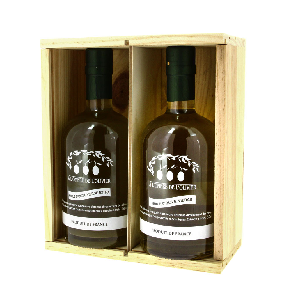 Coffret prestige deux bouteilles-huile d'olive-A l'Ombre de l'olivier :  Achat en ligne chez A l'ombre de l'olivier
